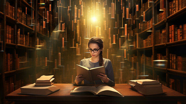 Illustration of librarian reading a book. Generative AI.