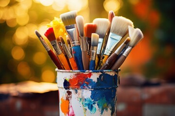 a bucket of painting brushes