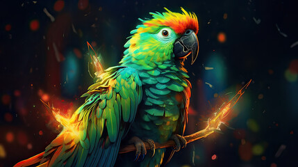Glowing parrot reciting tales of the cosmos. AI generative