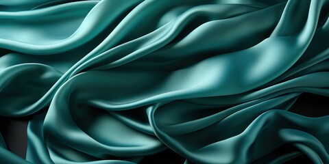Fototapeta premium Blue green silk satin. Soft wavy folds. Shiny silky fabric. Dark teal color elegant background with space for design