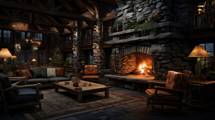 Fototapeta na wymiar Rustic Mountain Lodge Lounge Inspired by mountain lodges, featuring exposed stone, timber beams, and a massive fireplace 