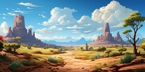 Canyon desert landscape with road perspective. sandy valley with cacti and rocky stone walls under blue sky with clouds, sun flares, summer travel to the west - obrazy, fototapety, plakaty