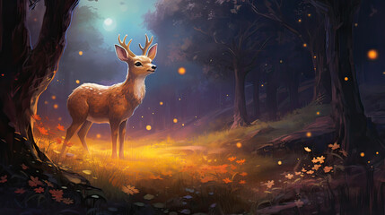 Gentle deer grazing on a meadow that sparkles under the moon's glow.   AI generative