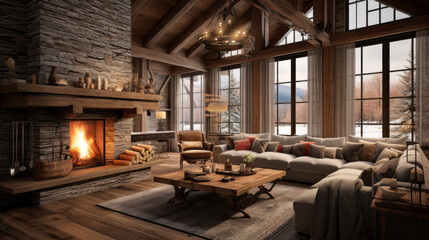 Fototapeta na wymiar Rustic Ski Lodge Lounge Reminiscent of a rustic ski lodge with wooden beams, stone fireplace, and cozy furnishings, including plaid upholstery