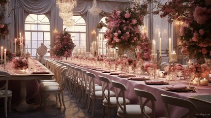 Banquet hall in the restaurant. Concept: Serving. Celebration. Anniversary. Wedding : Generative AI - obrazy, fototapety, plakaty