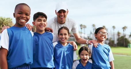 Portrait, team and children with coach for sports with smile and outdoor in nature with happiness and teamwork. Face, kids and man with game smile for football, workout and fitness with diversity