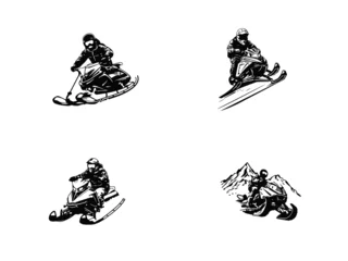 Fotobehang silhouettes of persons riding a snow motorbikes, snowmobiles logos vectors icons © Saim Art