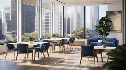 Interior photography of a stylish corporate breakout area with long lunch table and chairs, meeting areas and lounge with city views, an open plan office in the background : Generative AI