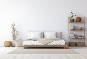 Fototapeta na wymiar Modern bedroom interior with white walls and minimal furniture