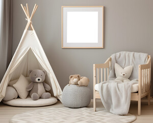 Square frame on the grey wall. Mock up frame in kids room
