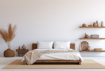 Fototapeta na wymiar Modern bedroom interior with white walls and minimal furniture
