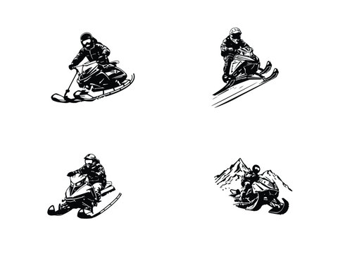 silhouettes of persons riding a snow motorbikes, snowmobiles logos vectors icons