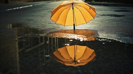 reflection umbrella in puddle, wet asphalt natural background. rainy weather season. flat lay. copy space : Generative AI