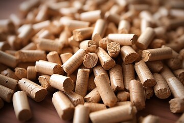 Wooden pellets background, pattern. Close up natural wood pellet. Ecological heating, renewable energy Biofuels. Top view. Flat lay ecological fuel for solid fuel boilers. : Generative AI