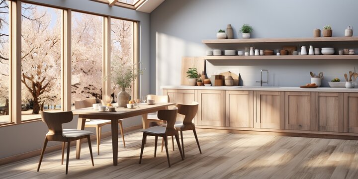 Light kitchen interior with dining and cooking space near window. Mockup frame