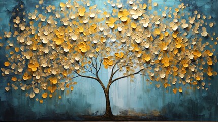 Colorful leaves forming a Tree of Life. Yellow Tree blue abstract background, Dark gold and aquamarine, eco, earthy color palettes, textured illustration.
