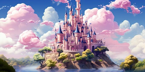 Pink royal castle floating on island in sky. Vector cartoon illustration of magic medieval palace flying on piece of land, green grass, tree, white clouds around, game level platforms, fantasy kingdom - obrazy, fototapety, plakaty