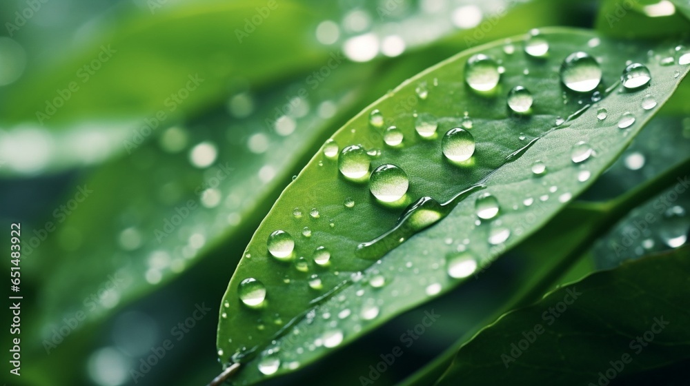 Poster Drop water dew in the sunlight on leaf macro closeup on a green background. Spring summer template background for design : Generative AI