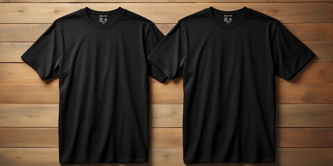 Simple black men's T-shirt mockup on a male torso. - obrazy, fototapety, plakaty