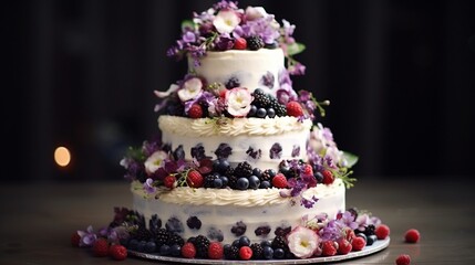 Cut wedding cake decorated with flowers, blueberry and blackberry : Generative AI