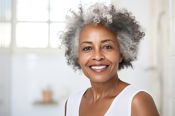 Portrait of a gorgeous 50 year old middle aged African American woman standing in the bathroom after showering. Old skin care concept.