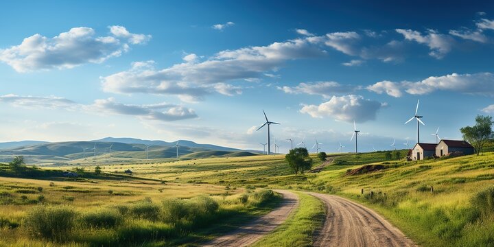 Rows of wind turbines generating power in scenic evening scenery on summer. Windmills generating green energy on background of blue sky