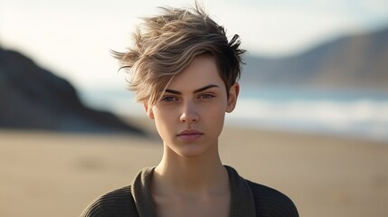 An androgynous woman with short hair on a sandy beach. High quality photo : Generative AI - obrazy, fototapety, plakaty