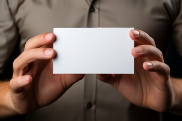 A5 Flyer / Invitation Mock-Up - Male hands holding a blank flyer on a gray background. : Generative AI