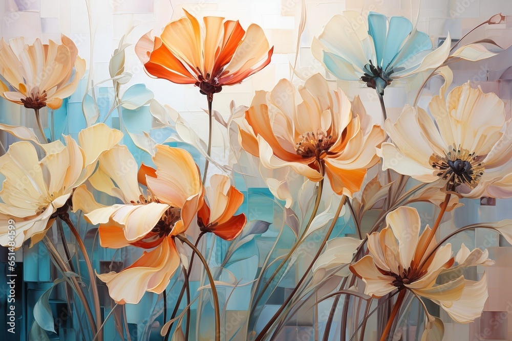 Poster fragment of an oil painting. drawn bright multi-colored flowers. abstract colorful background : gene