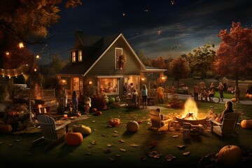 Suburban backyard, twilight, children in various Halloween costumes, gathering around a fire pit, toasted marshmallows, laughing, parents supervising from a distance - obrazy, fototapety, plakaty