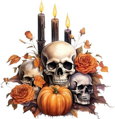 Watercolor Halloween Clipart, Black Cat Pumpkin Witch Ghost PNG, Spooky Halloween Clipart, Halloween PNG, Skull Pumpkin Candles, Generative AI