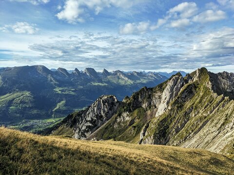 Panorama picture on the Silberplatten in Alpstein. With a view of the Churfirsten in Toggenburg Appenzell. High quality photo