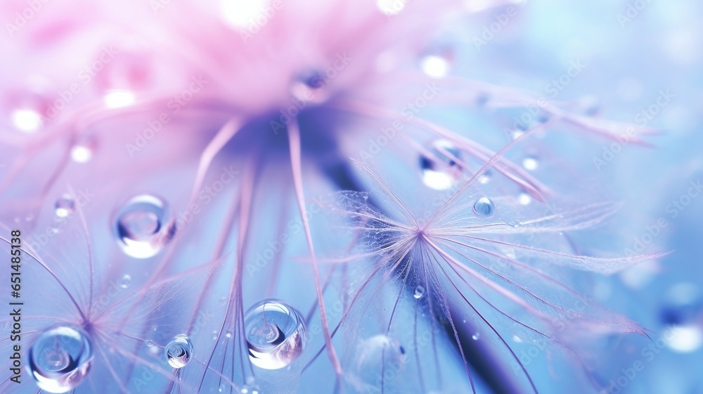 Poster beautiful dew drops on a dandelion seed macro. beautiful soft light blue and violet background. wate