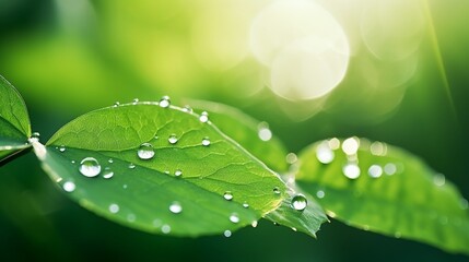 Beautiful large drop morning dew in nature, selective focus. Drops of clean transparent water on leaves. Sun glare in drop. Image in green tones. Spring summer natural background. : Generative AI