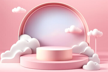 pink round podium with cloud