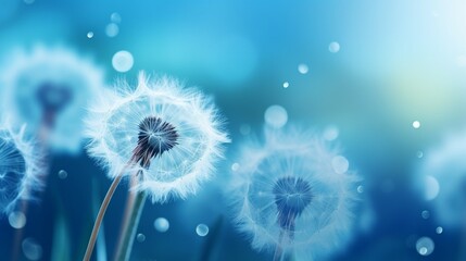 Fototapeta premium Dandelion Seeds in the drops of dew on a beautiful blurred background. Dandelions on a beautiful blue background. Drops of dew sparkle on the dandelion. : Generative AI