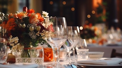 focus on glasses. Banquet table in the restaurant, the preparation before the banquet. the work of professional florists. : Generative AI
