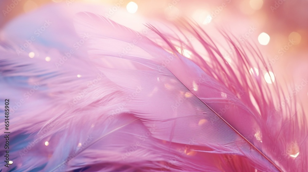 Leinwandbilder Feather pink bird with sparkles and transparent drop of dew water sparkles in the rays of bright light close-up macro. Glamorous sophisticated airy artistic image on a soft blurred bac : Generative AI