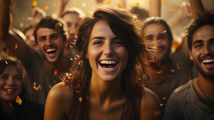 Confetti fun. Group of happy young people throwing confetti and jumping while enjoying home party on the kitchen : Generative AI