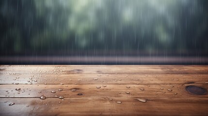 Wood table top on rain drops on clear window - can be used for display or montage your products : Generative AI