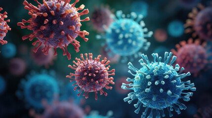 Naklejka na ściany i meble Virus cells, flu and coronavirus, set against a blue background, microscopic world of pathogens. Virus under microscope.