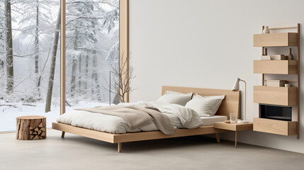 serenity of a Scandinavian-inspired bedroom adorned with light wood furniture, pristine white walls, and a snug bed dressed in soothing neutral bedding. The space is tastefully adorned with minimalist