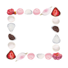 Watercolor hand drawn traditional Japanese sweets. Frame with winter wagashi and camellia. Isolated on white background. Design for invitations, restaurant menu, greeting cards, print, textile