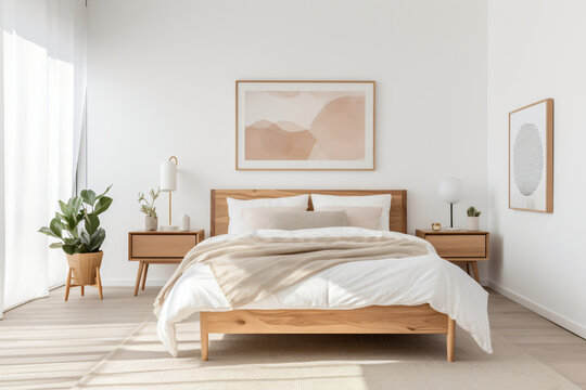 serenity of a Scandinavian-inspired bedroom adorned with light wood furniture, pristine white walls, and a snug bed dressed in soothing neutral bedding. The space is tastefully adorned with minimalist