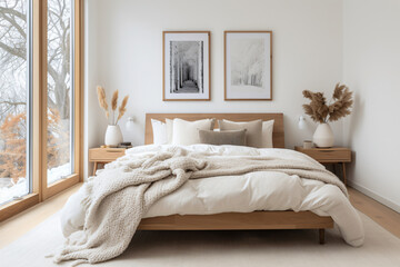 Fototapeta na wymiar serenity of a Scandinavian-inspired bedroom adorned with light wood furniture, pristine white walls, and a snug bed dressed in soothing neutral bedding. The space is tastefully adorned with minimalist