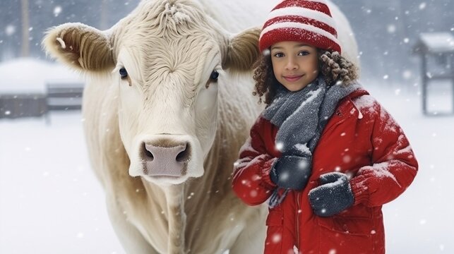Pretty young girl in red winter jacket, white hat and squared pants posing with young black and white bull at the white Christmas farm. Snowing. : Generative AI