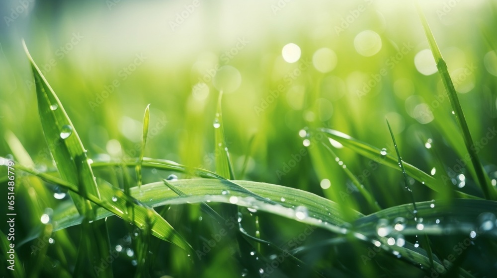 Poster beautiful large drops of fresh clear transparent water on leaves of the grass in the morning, macro.