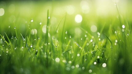 Fresh green grass with dew drops in sunshine on auttum and bokeh. Abstract blurry background. Nature background. Texture. copy space. : Generative AI - Powered by Adobe