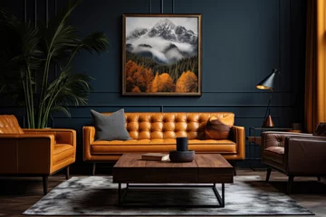 Foto op Plexiglas Interior design of a living room. Table in front of orange sofa in dark apartment interior with posters and lamp. Generative AI © barmaleeva