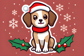 Fototapeta premium A puppy wearing Christmas hat winter background. Generative AI